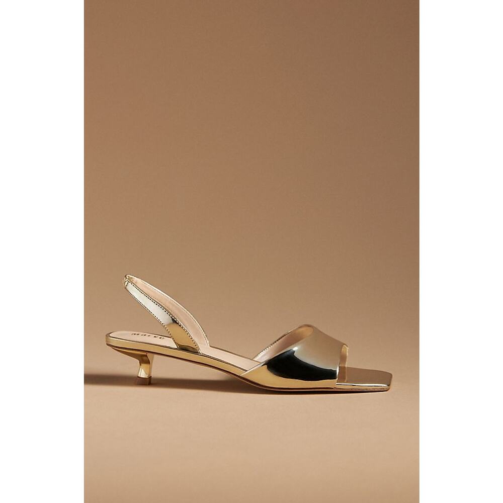 Maeve 'Square-Toe' Gold Leather Slingback Kitten Heels Size 6